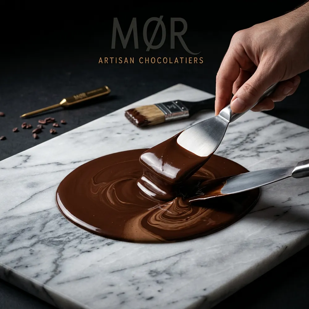 Tempering chocolate on marble slab
